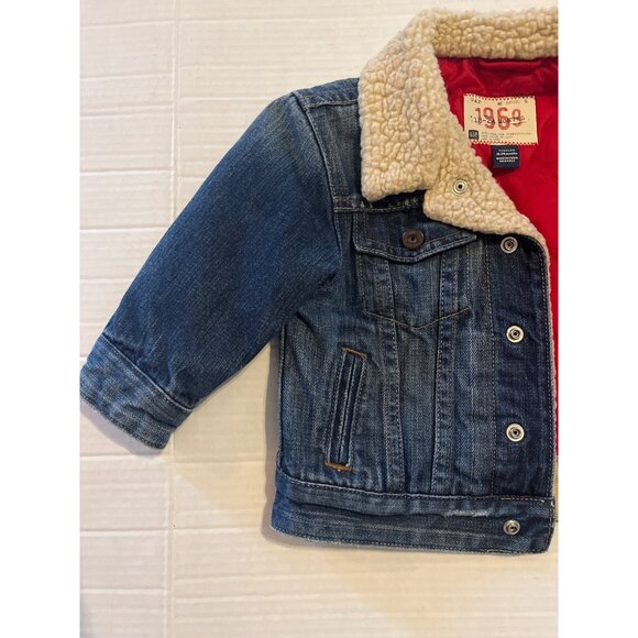 Gap Toddler Moto Club Denim Jacket Sherpa Collar Red Quilted Lining 18-24 Months - Picture 6 of 10